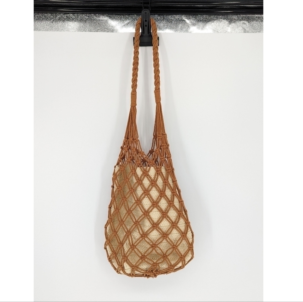 Women's Netted Straw Crochet Hobo Bag Brown Cream Large travel beach resort boho